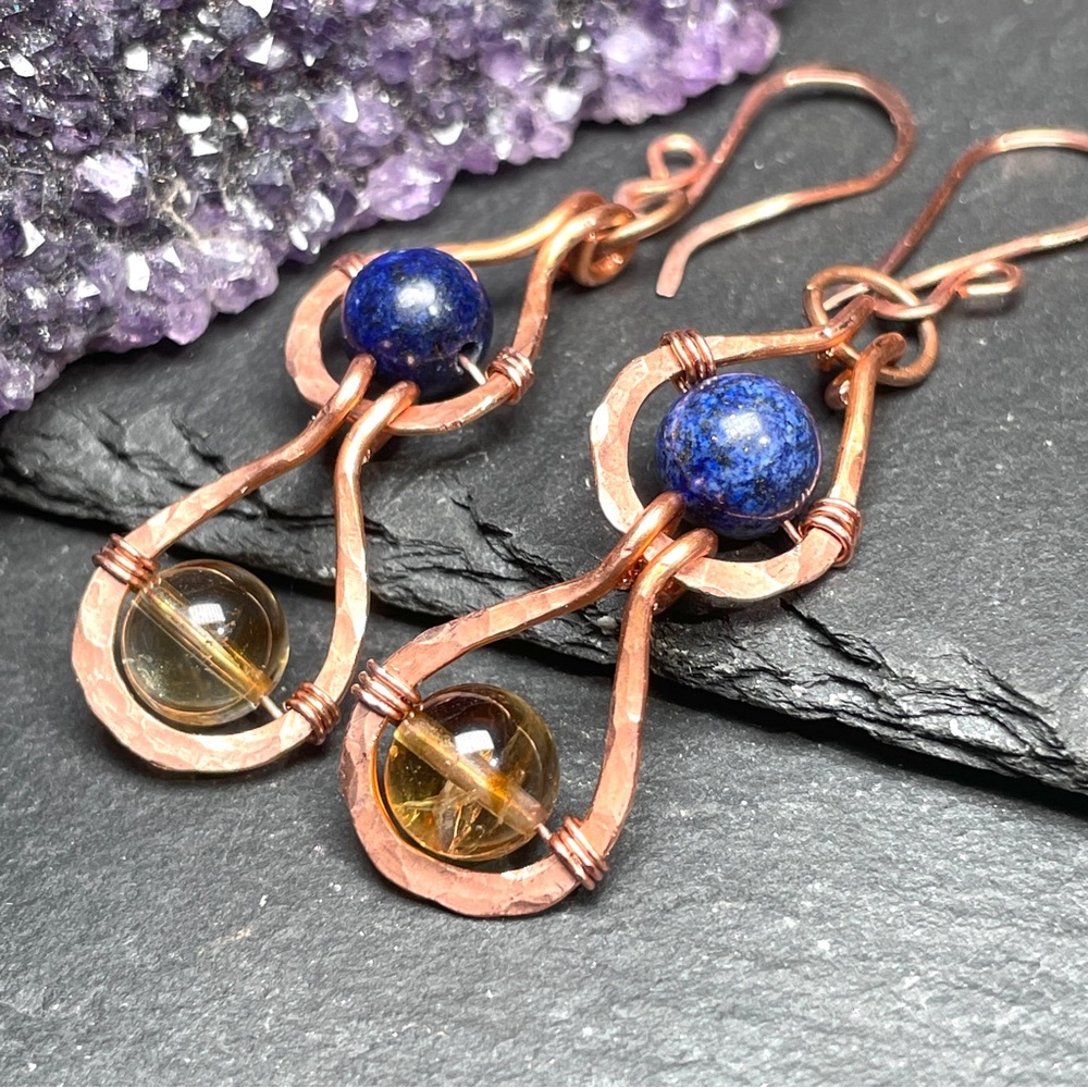 Citrine And and Blue Lapiz Lazuli Gemstone Copper Boho Artisan Earrings - Picture 5 of 11